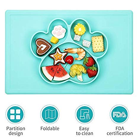 Baby Placemat- Silicone Strong Suction Plates for Toddlers Children Kids, Bear’s Paw Feeding Bowl, Portable BPA-Free FDA Approved, Dishwasher and Microwave Safe Silicone Placemat