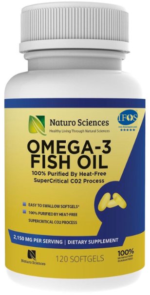 Omega 3 Essential Fatty Acid Fish Oil Supplement By Naturo Sciences - Best DHA 900mg and EPA 600mg Per Serving - Supercritical Extraction Process for Quality Purified Omega-3 Supplements 120 Soft Gels