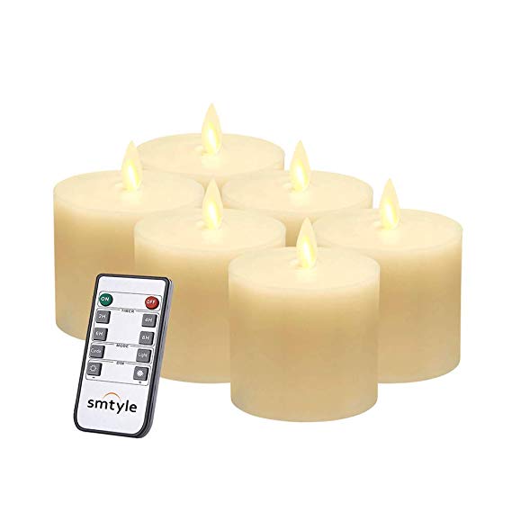 smtyle Led Flameless Candles for Fireplace Candelabra or Desk Decor Flickering White Light Moving Flame Wick Pillar Candle with Remote Control Timer Ivory 3x3 in Flat Top 6