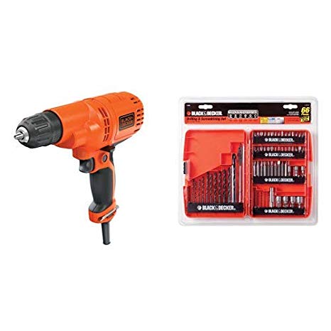 BLACK DECKER DR260C 5.5 Amp 3/8'' Drill/Driver. with BLACK DECKER 71-966 Drilling and Screwdriving Set, 66-Piece Bit Set