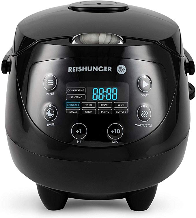 Reishunger Digital Mini Rice Cooker (0.6 l / 350 W / 220 V) Multi-Cooker with 8 programmes, Black, 7-Phase Technology, Premium Inner Pot, Timer and Keep Warm Function - Rice for up to 3 People