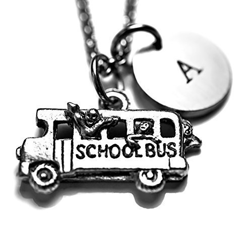 Antique Silver Plated Pewter School Bus Necklace, personalized with hand stamped stainless steel initial charm. Bus Driver Gift. School Bus.