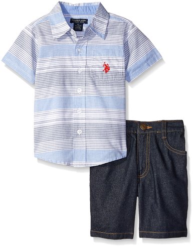 Boys' 2 Piece Short Sleeve Striped Woven Shirt and Denim Short