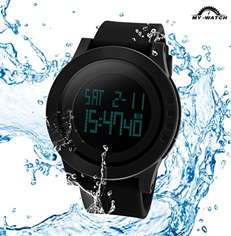 My-Watch Men's Digital Watch Black Waterproof Sport Timing Multifunctional Stopwatches 12H/24H Wrist with LED Back Light Large Face
