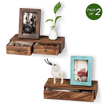 Emfogo Floating Shelf with Drawer Rustic Wood Wall Shelves for Storage and Display Set of 2