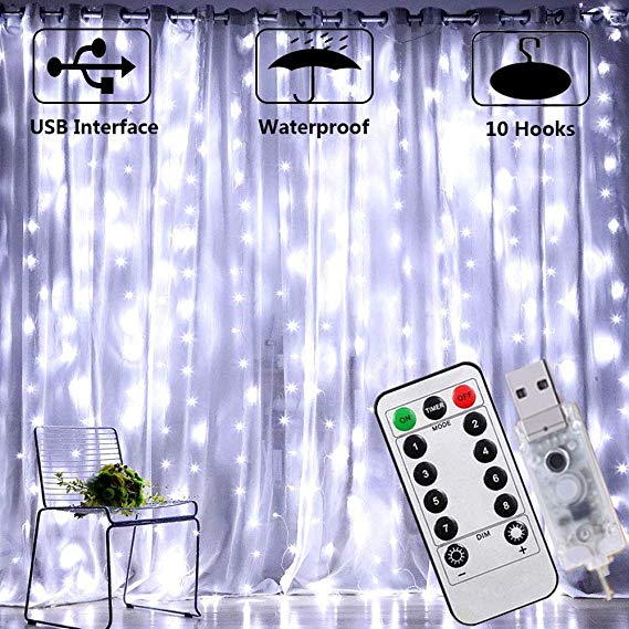 USB Plug Curtain Lights, 8 Modes Remote Control Window Fairy String Lights with Timer 200 LED Waterproof Copper String Lights for Indoor Outdoor Party Christmas Wedding Garden Decor(Cool White)