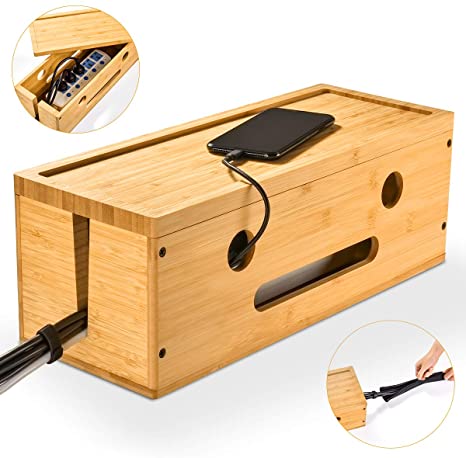 Cable Management Box Wooden Cord Organizer Cover Hiding Box 16.5" x 6.3" x 5.9" with Zipper Protector Cable Sleeve, 8 Velcro,Keeps Children Safe for Desk Computer USB Hub TV Home Office