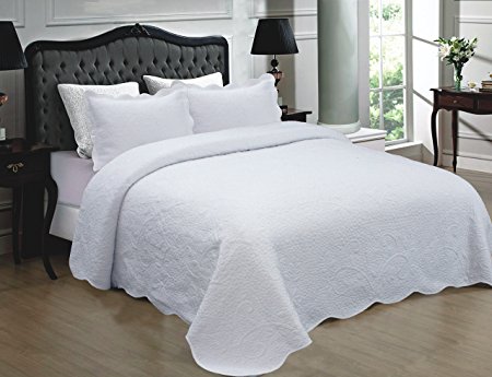 Mk Collection 3pc Quilted bedspread Embroidery Solid 100% Cotton New (California King, White)