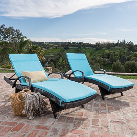Olivia Patio Furniture ~ Outdoor Wicker Chaise Lounge Chair with Arms with Blue Cushion (Set of 2)