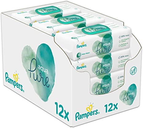 Pampers Baby Wipes Aqua Pure Water Wipes for Newborn Skin, 840 Wipes, 12 Packs of 70 Wipes