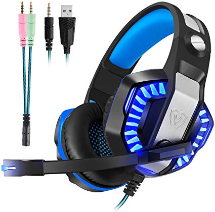 Gaming Headset with Mic for PS4, Xbox One, PC, Nintendo Switch - Surround Sound, Over-Ear Noise Reduction Headphone 3.5mm Bass Stereo Volume Control LED Light For PC Gamers (Splitter Adapter include)