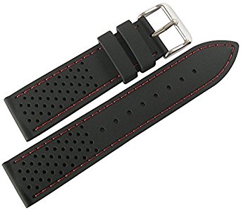 Fluco Germany 22mm Black Silicone Rubber Red-Stitch Mens Dive Watch Strap
