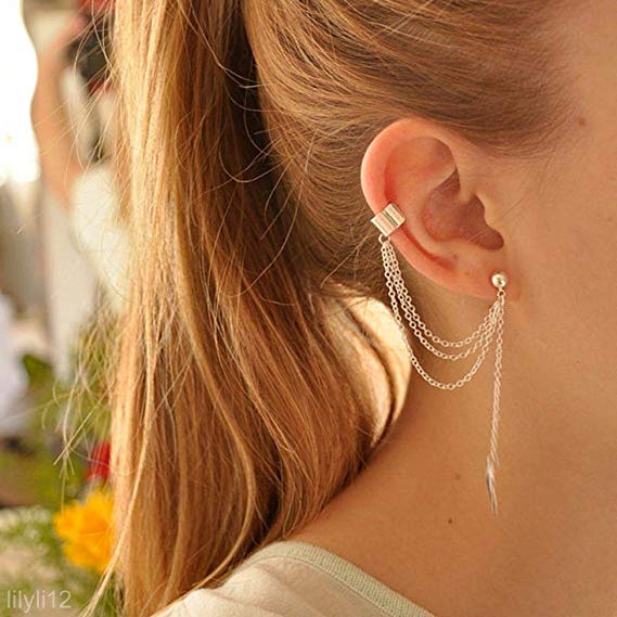 Women Fashion Punk Rock Leaf Chain Tassel Dangle Ear Cuff Wrap Earrings Ear Clip