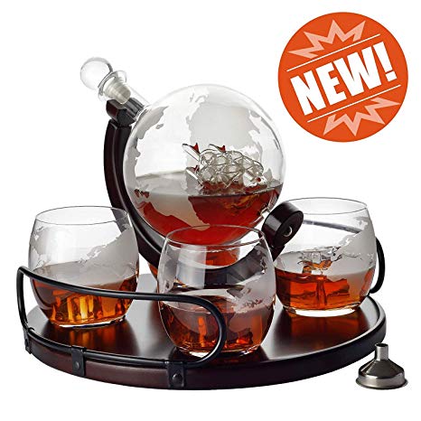 Whiskey Decanter Etched Globe NEW 2019 Gift Set- 4 glasses with NEWEST Wood Stand & Handles - Perfect Gift Set for Liquor, Scotch, Bourbon, Vodka
