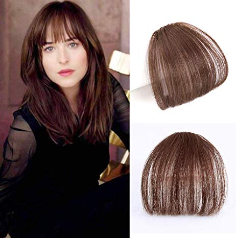 Reysaina Real Human Hair Flat Bangs #6 Medium Brown Human Hair Extensions Clip on Air Hair Bangs Hair Accessories Girls