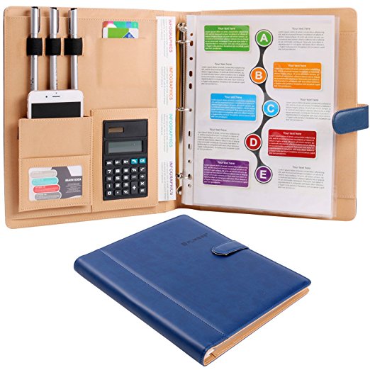 Plinrise High Grade Multifunction Letter Size Padfolio/ Resume Portfolio Folder-Document Organizer / Business Card Holder With Calculator And 8 File Pockets ( Blue )