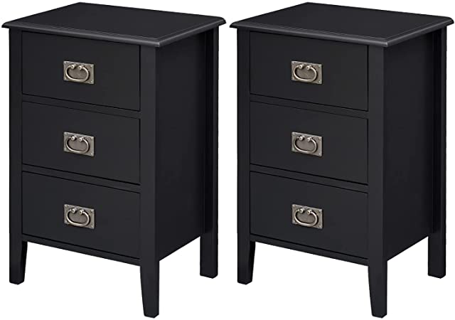 VECELO Nightstands Set of 2 End/Side Tables for Bedroom/Living Room/Bedside with Three Storage Drawer, Vintage Accent Furniture Small Space, Solid Wood Legs, Black