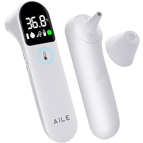 Digital Temperature Thermometer for Ear and Forehead: AILE Infrared Thermometers Gun for Baby and Adult - Approved UK Accurate Fast Readings Fever Alarm Mute Mode Non touch Contact Measurement