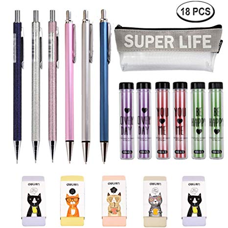 Mechanical Pencil Set, 6 PCS 0.5mm Metal Mechanical Pencils, 6 Tubes HB 0.5mm Lead Refills, 5 PCS Erasers and 1 Pack Pencil Bag