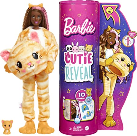 Barbie Cutie Reveal Doll with Kitty Plush Costume & 10 Surprises Including Mini Pet & Color Change, Gift for Kids 3 Years & Older