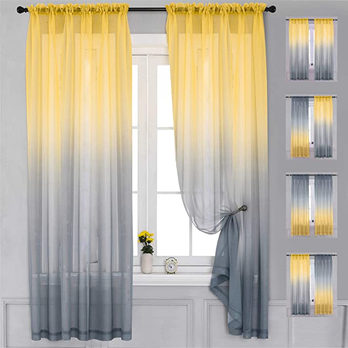Yancorp 2 Panel Sets Bedroom Curtains 96 inch Length Sheer Curtain Linen Yellow Grey Gray Ombre Rod Pocket Drapes for Girls Living Room Mermaid Bedroom Nursery Kids Window Decor(Yellow Grey, 40"x96")