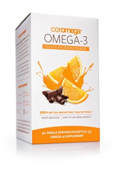 Coromega Omega-3 Supplement, Orange Flavor with a Hint of Chocolate, 90 Packets (2.5 g)