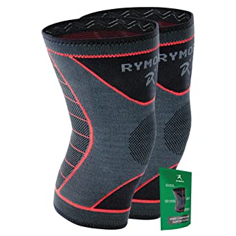 Rymora Knee Support Brace Compression Sleeves for Men and Women (Grey) (Pair) (Large) [L]