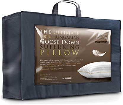 Littens Extra Filled Ultimate Collection Super King Size 100% Pure Hungarian Goose Down Pillow 300TC 100% Cotton Jacquard Casing, Down Proof, Gold Piping (50cm x 90cm)