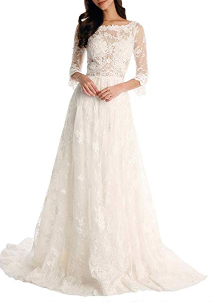 Tsbridal Lace Wedding Dress 2018 3/4 Sleeves Bohemian Bridal Dresses