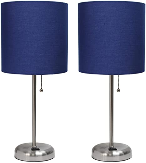 Brushed Steel Stick Lamp with Charging Outlet and Navy Fabric Shade 2 Pack Set