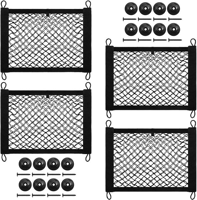 [4 Pack] Cargo Storage Net, DEDC Cargo Net Pocket Universal Accessories Elastic Automotive Small Cargo Net Storage Mesh Pocket with 16 Mounting Screws, Hooks for Truck Car SUV Boats (13.8"x9.8")