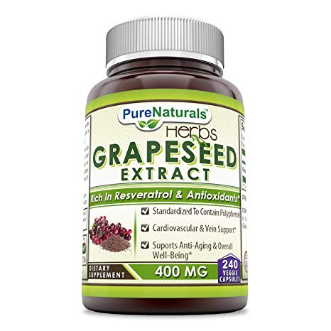 Pure Naturals Grapeseed Extract 400 Mg Veggie Capsules (Non-GMO), 240 Count, Standardize to Contain Polyphenols, Cardiovascular & Vein Support, Supports Anti-Aging & Overall Well-Being