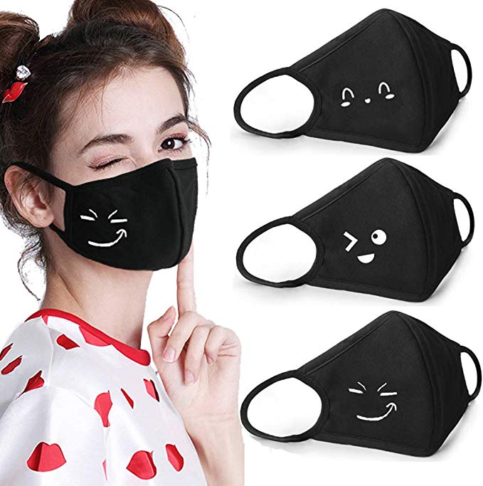 Coolha Mouth Mask Cover Cotton Anti-dust Respiratory Protective Cute Mouth Mask with High Nose Bridge Black 3 Pack