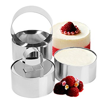 Set of 4 - Round Stainless Steel Small Cake Rings, Mousse and Pastry Mini Baking Ring Mold with Pusher
