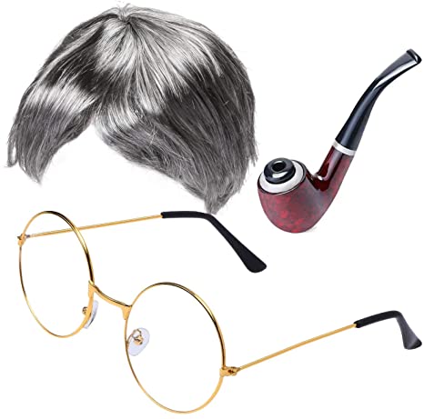 Beefunny Old Man Wig and Glasses Grandpa Costume Accessories Inflatable Walking Cane 100th Day of School Starter Kit (Not Include Cane)