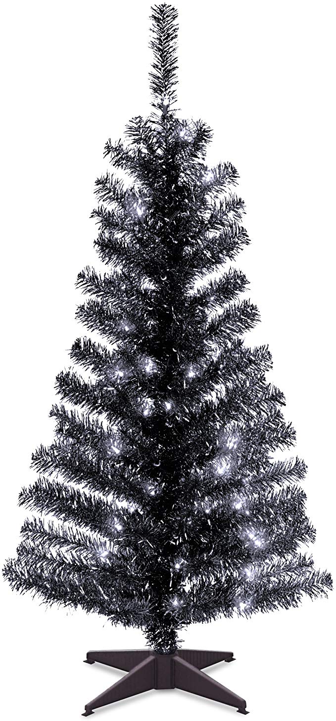 National Tree 4 Foot Black Tinsel Tree with Plastic Stand and 70 Clear Lights (TT33-304-40)