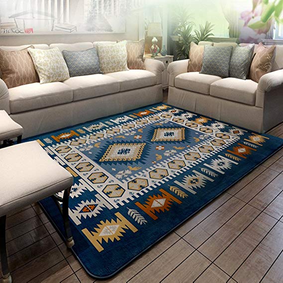 Ustide Abstract Modern Area Rugs Non-skid Blue Bohemian Carpet for Living Room 4'.2x6'.2
