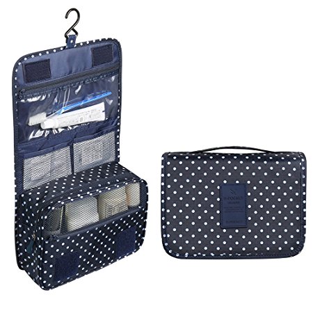Sudion Cosmetic Bag, Portable Travel Hanging Toiletry Bag for Men Shaving Kit & Women Make Up Bag Organizer with compartments - Dark Blue with Point