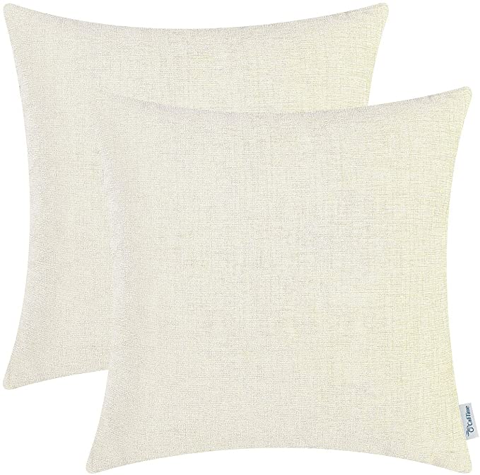 CaliTime Pack of 2 Cozy Throw Pillow Covers Cases for Couch Sofa Home Decoration Solid Dyed Soft Chenille 20 X 20 Inches Cream