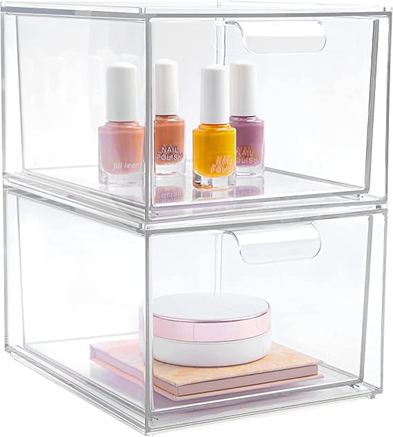 2 Pack Stackable Makeup Organizer Storage Drawers, Vtopmart Acrylic Bathroom Organizers，Clear Plastic Storage Bins For Vanity, Undersink, Kitchen Cabinets, Pantry, Home Organization and Storage