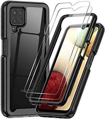 LeYi Compatible with Samsung A12 Case, Samsung Galaxy A12 Case with Tempered Glass Screen Protector [2 Pack], Full-Body Rugged Hybrid Bumper Shockproof Clear Phone Cover Case for Samsung A12 5G, Black