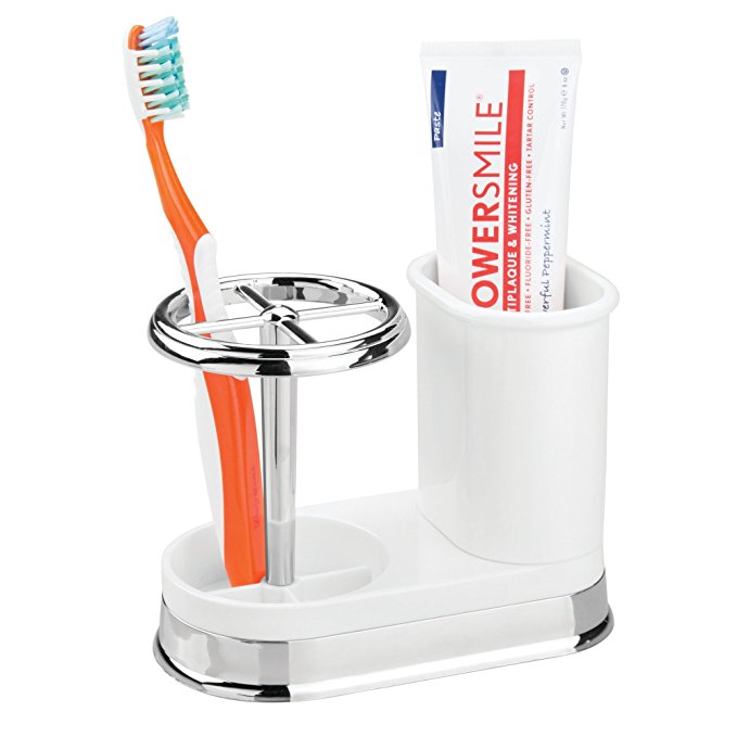 mDesign Bathroom Dental Organization Center for Toothbrush or Toothpaste - White/Chrome