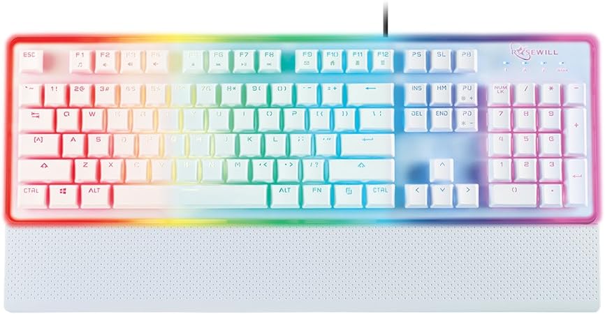 ROSEWILL Gaming White Keyboard, RGB LED Backlit Wired Membrane Mechanical Feel Keyboard with Removable Keycaps and Wrist Rest