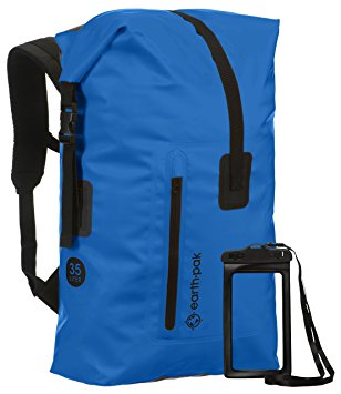 Earth Pak Waterproof Backpack: 35L Heavy Duty Roll-Top Closure with Easy Access Front-Zippered Pocket and Cushioned Padded Back Panel for Comfort; IPX8 Waterproof Phone Case Included