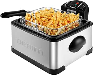 Chefman 4.3 Litre Deep Fryer w/Basket Strainer, XL Jumbo Size, Adjustable Temperature & Timer, Perfect for Fried Chicken, Shrimp, Chips & More, Removable Oil-Container, Stainless Steel