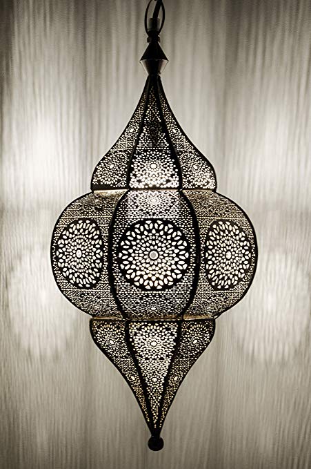 Moroccan Lamp Ceiling Lights Malha 50cm large Silver E14 Socket | Oriental style Vintage Pendant Lantern Light | Arabian Home Decor Lighting as Hanging Chandelier for Living Room Bedroom or Kitchen