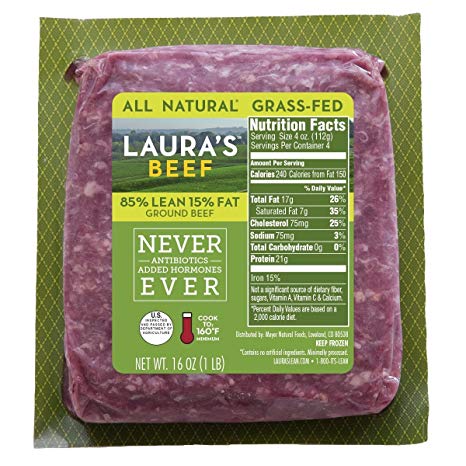 Laura's Lean 85% Grass Fed Ground Beef - 1lb bricks - 8 per case, no added hormones or antibiotics ever, humanely handled, frozen, bulk pack, all natural