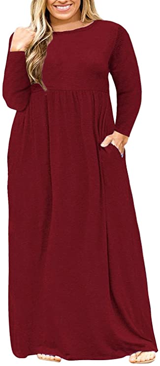 Nemidor Women Long Sleeve Loose Plain Casual Plus Size Long Maxi Dress with Pockets