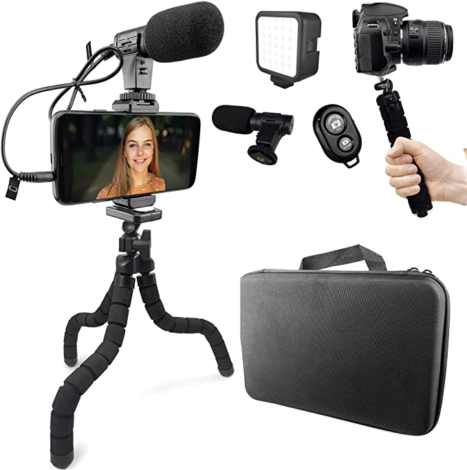 Acuvar Flexible Tripod Vlogging Kit for iPhone, Android w/LED Light, Phone Holder Mount, Microphone, Bluetooth Remote, Hard Case for Live Stream, Video Calls, Vlogging, YouTube, Instagram TikTok