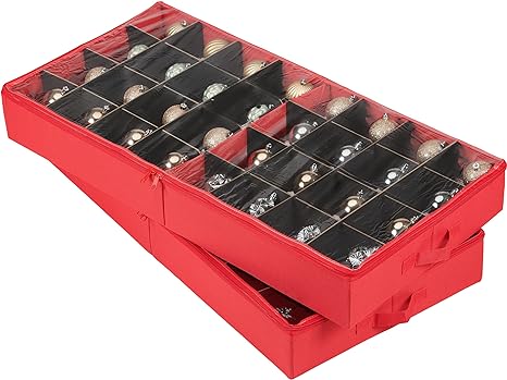 ZOBER Christmas Ornament Storage - 25.2x12.6x3.35 Inch Ornament Tray Organizer Boxes w/Dividers - Compartments for Fragile Ornaments and Holiday Decoration - Red